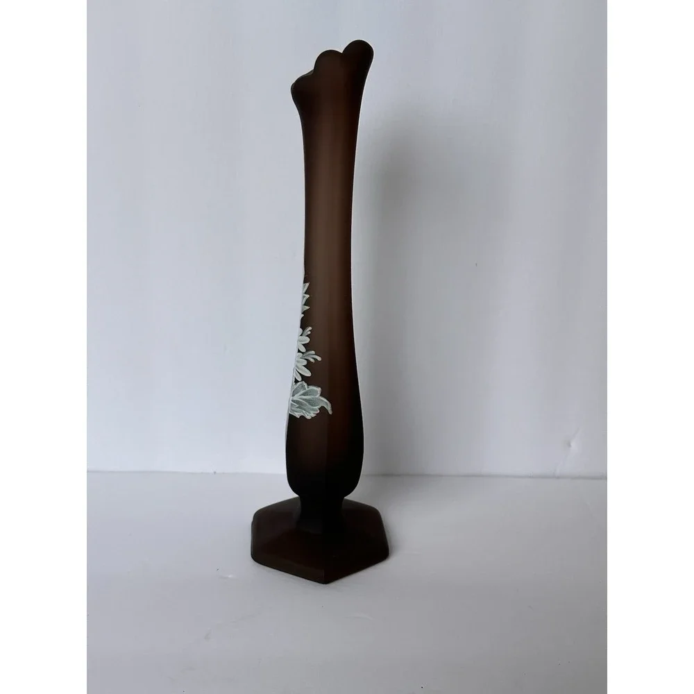 Vintage Westmoreland Brown Satin Glass Hand Painted Floral Bud Vase 10